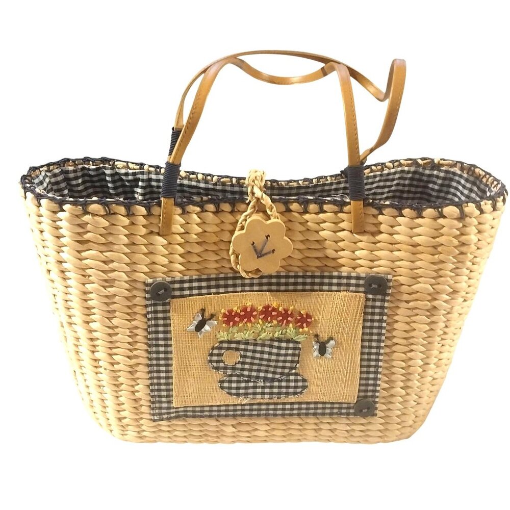 Breckenridge Handwoven Straw Tote Bag With Floral Cup Design & Leather Handles